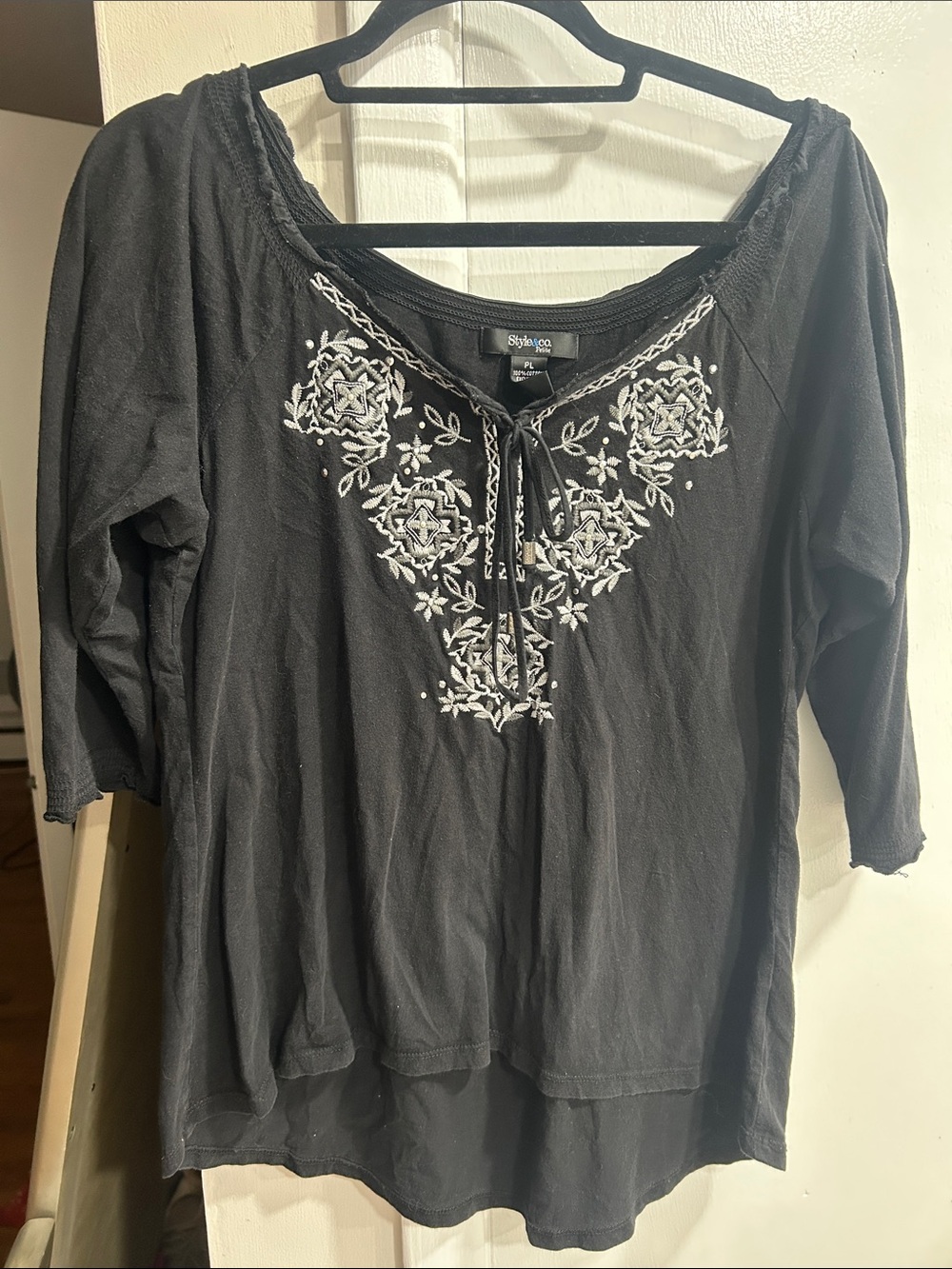 Style & Co. Black Peasant Geometric Tunic with White Floral Embroidery PL